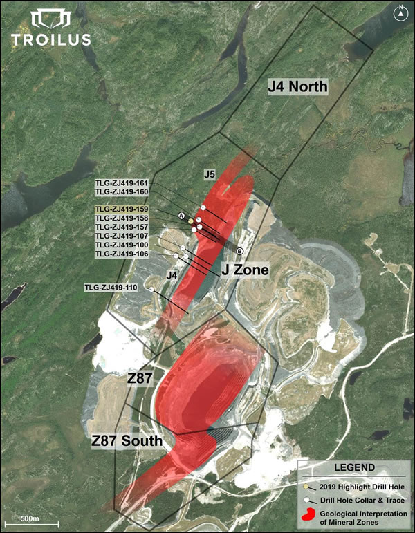 Plan view of Main Mineralized Zones, including Drill Hole Collars and Traces in Zone J4