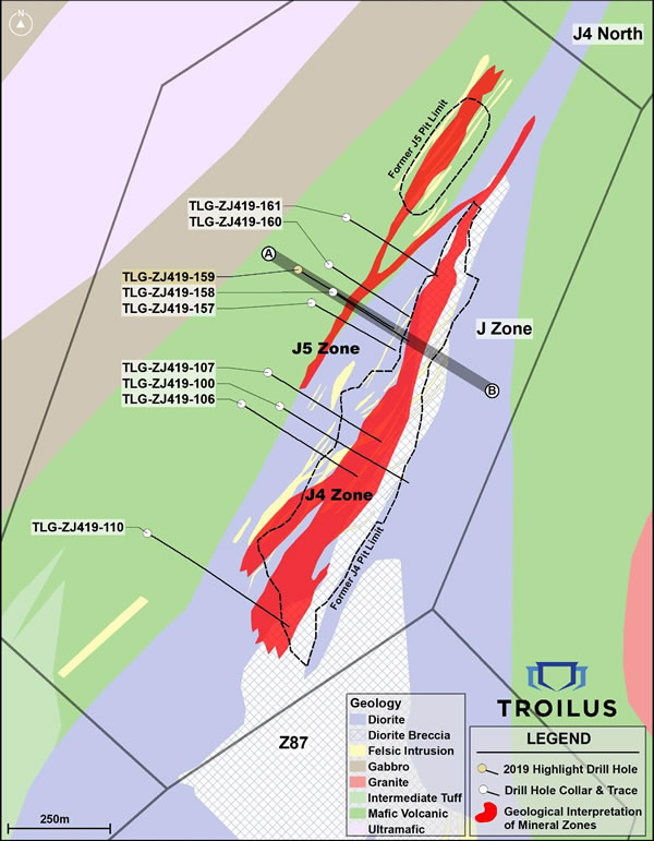 Plan View of J Zone Geology and Mineral Interpretation with Drill Collar and Traces