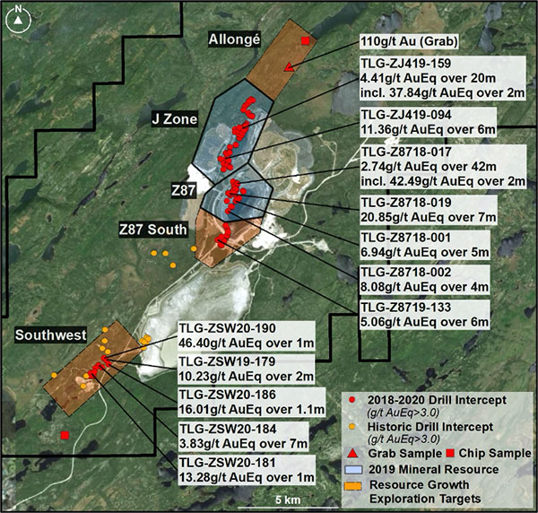 High grade gold occurrences on Troilus property
