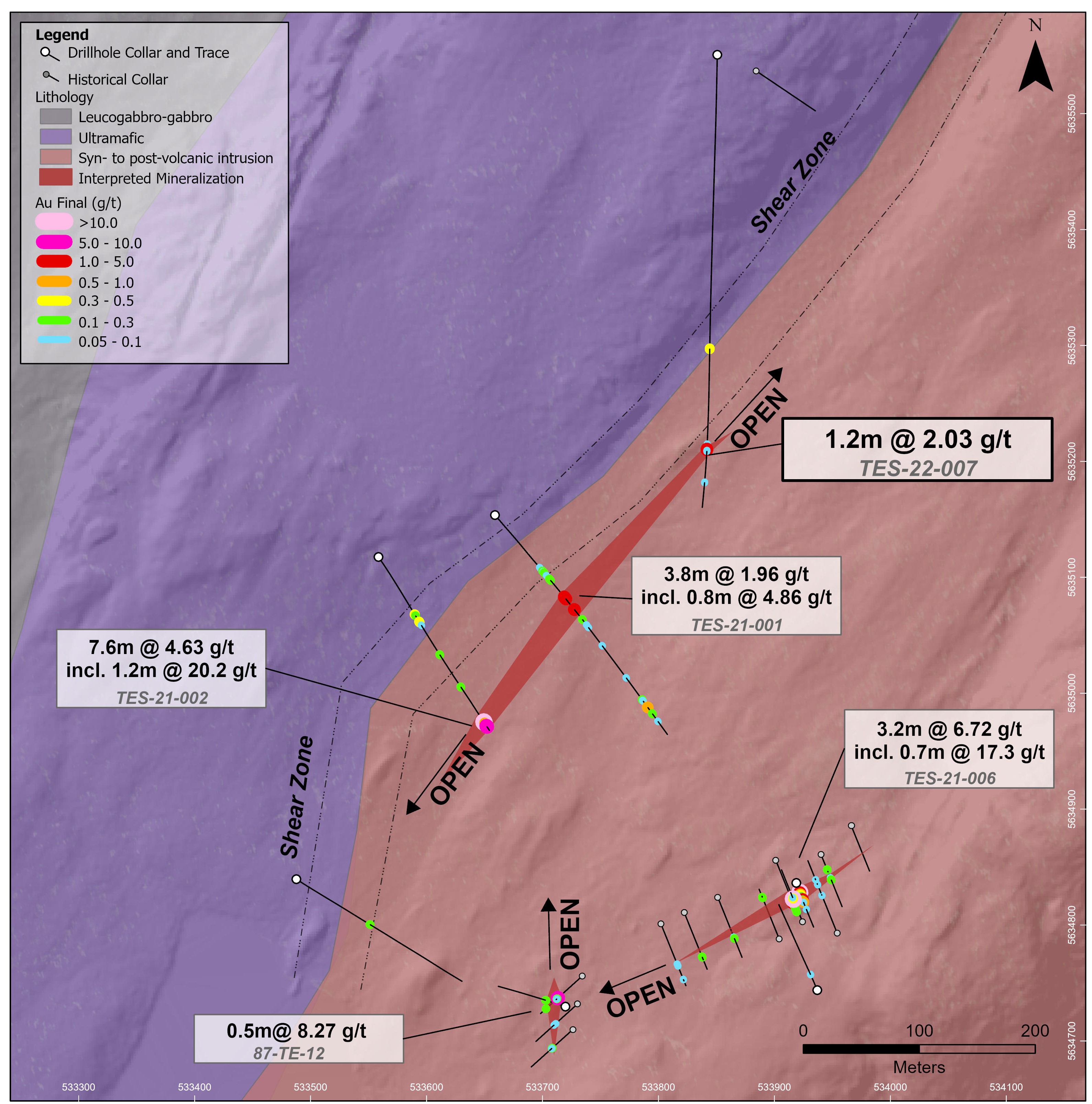 Plan view of Testard with completed drilling and assay results