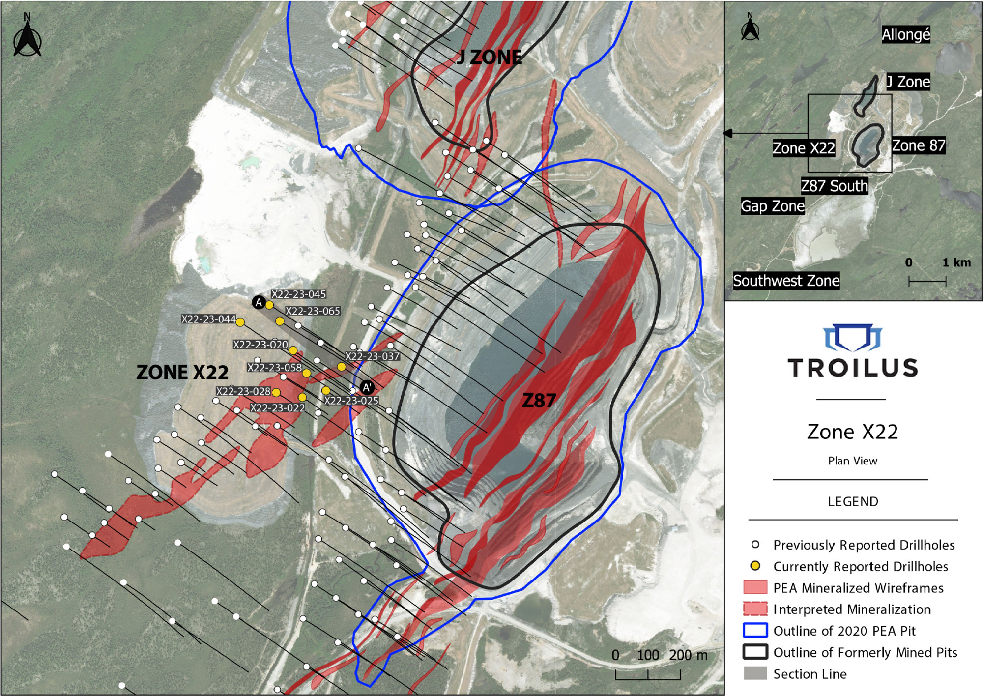 Plan View Map of the Zone X22 Showing Current and Previously Reported Drilling
