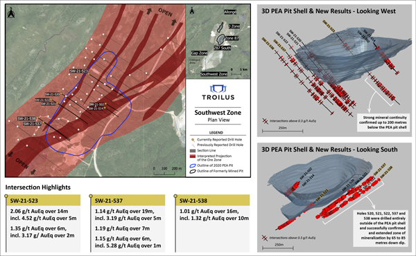 Plan View Map and 3D Renderings of Southwest Zone Drill Results